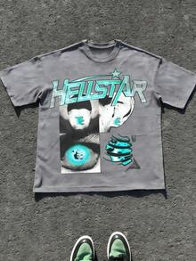 Hellstars Teal Glow Eye Panel & Star Streetwear Y2K Graphic T-Shirt,220g 100% Cotton,Round Neck Short Sleeve,Black Streetwear Essential For Summer Going Out,Unisex Style - Grey - View 1
