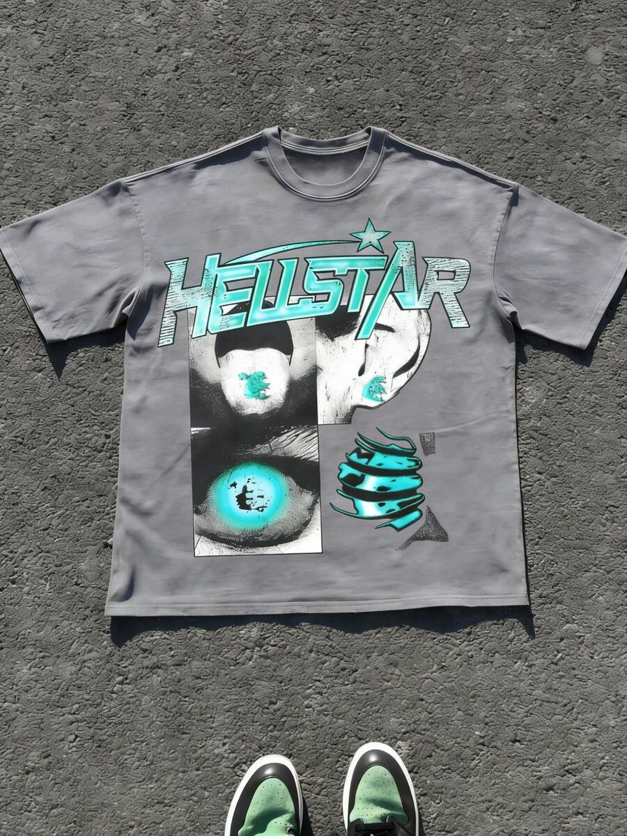 Hellstars Teal Glow Eye Panel & Star Streetwear Y2K Graphic T-Shirt,220g 100% Cotton,Round Neck Short Sleeve,Black Streetwear Essential For Summer Going Out,Unisex Style - Grey - View 1
