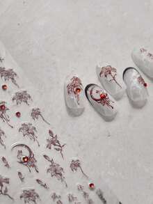 1片亮红色水钻花朵和兔子3D自粘美甲贴纸，高品质美甲贴花 - 紅色 - 查看 1