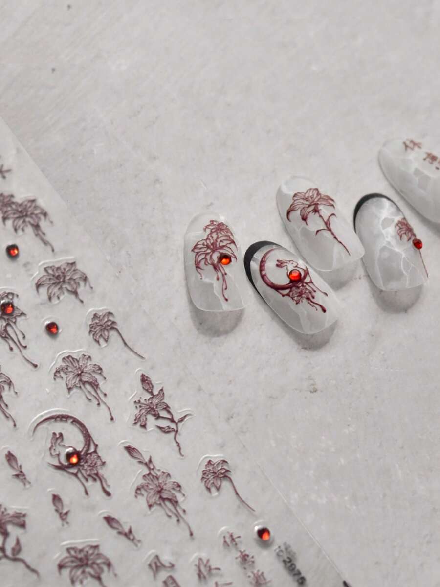 1片亮红色水钻花朵和兔子3D自粘美甲贴纸，高品质美甲贴花 - 紅色 - 查看 1