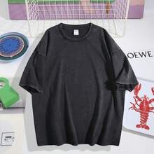 Women Vintage Washed Tee, 230G Thick Oversized Crew Neck Short Sleeve, Retro Street Loose Fit Casual Top For Spring Summer Machine Washable Daily Wear - 黑色 - 查看 9