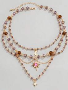 1件装时尚仿水晶月亮吊坠项链，简约不对称流苏项链，可爱多层月亮流苏项链（女士款） - 星月多層項鍊 - 查看 7