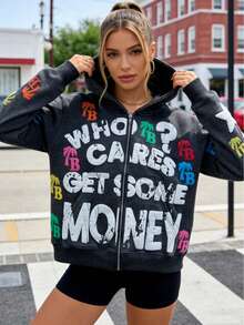 American Letter Foam Print Zipper Hoodie Men's Loose Sweatshirt Retro Street Hip-Hop With Colorful TB Logos For Unique Style - Grey - View 7