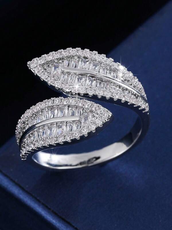 1 pieza Anillo abierto de mujer con diseño de hoja, de estilo elegante y natural, con acabado brillante y minimalista, adecuado para uso diario