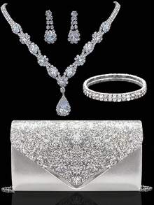Túi xách dự tiệc đính đá lấp lánh dành cho nữ, túi dự tiệc mới cho nữ với sequin, túi xách lấp lánh, kèm bộ ba trang sức đính đá lấp lánh, thích hợp cho các bữa tiệc, đám cưới, dạ hội, tiệc tối/tiệc chiêu đãi, trang phục cô dâu, trang phục trang trọng, váy dạ hội, váy sinh nhật. - Bạc - Xem 10