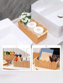 [Us-Based Shipping]1pc Woven Storage Basket, Fan-Shaped Edge Design, Handheld Storage Basket, Suitable For Toilet Tank Top Shelf, Bathroom, Living Room, Bedroom, Vanity, Home Decor, Bathroom Accessories, Desktop Organization & Storage, Halloween Gift Basket, Holiday Decor & Gift Basket, Ideal Gift Basket Storage Organizer Bathroom Essentials House Essentials Cruise Essentials Travel Containers Bathroom Storage Kitchen Organization And Storage Dorm Room Essentials College Storage Basket Storage Containers Bathroom Organization And Storage Makeup Brush Holder Vacation Essentials CubesLand Scalloped Edge Toilet Paper Storage Basket, Living Room Home Cozy Decor Basket, Paper Rope Small Baskets For Over Toilet Storage Shelf, End Table, Shelves, With 2 Wooden Handles, Beige - Xem 5