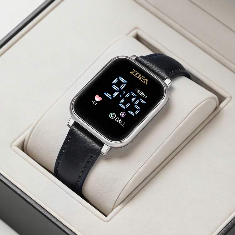 Reloj Inteligente ZOEA Versátil: Correa de Cuero Suave, Pantalla Digital, Resistente al Agua, Ideal para Citas, Deportes y Uso Diario, Larga Autonomía, Diseño Moderno para Hombres y Mujeres - Correa-Negro/Caja-Plata - Añade 2