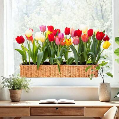 Colorful Tulip Window Cling, Removable Multicolor Tulip Flower Window Decal, Double-Sided Static Stained Glass Sticker For Kitchen, Bathroom, Bedroom & Spring Decor