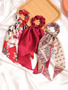 3 món khăn choàng dài bằng satin màu đỏ tía trơn và in hoa, dây buộc tóc, phụ kiện tóc, phong cách bohemian cổ điển, dự tiệc, chất liệu polyester, dùng được cả bốn mùa, dây chun buộc tóc, dây buộc tóc co giãn. - Màu Đỏ Sâu - Xem 1