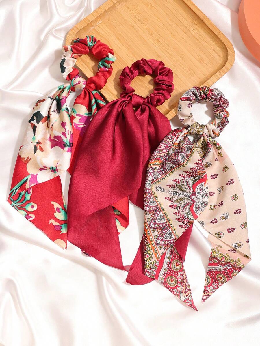 3 món khăn choàng dài bằng satin màu đỏ tía trơn và in hoa, dây buộc tóc, phụ kiện tóc, phong cách bohemian cổ điển, dự tiệc, chất liệu polyester, dùng được cả bốn mùa, dây chun buộc tóc, dây buộc tóc co giãn. - Màu Đỏ Sâu - Xem 1
