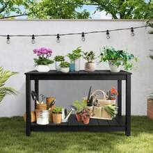 Mesa consola para exteriores de 48", mesa auxiliar de madera resistente a la intemperie para patio, organizador rectangular de 2 niveles para bar y almacenamiento para patio trasero y balcón - negro - Ver 1