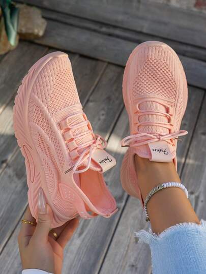 4-Season New Road Running Shoes, Walking Shoes, Commuting Shoes, Knitted Mesh, Breathable, Lace-Up, Comfortable, Elastic, Soft Sole, Casual Sports Shoes, Sneakers, Running Shoes, Outdoor Hiking Shoes, Fitness Shoes, All-Season Lace-Up Casual Shoes