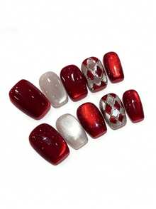 10pcs It's Named Red Rhyme Rhombus Diamonds. This Manicure Features A Dynamic Mix Of Deep Wine Red And Shimmering Silver, Highlighted By Hand-Crafted Diamond-Patterned And Gold Fleck Motifs. The Glossy Finish Amplifies The Rich, Vibrant Sheen, Making It A Perfect Choice For Those Who Love Luxurious Yet Understated Nail Art - Burgundy - View 2