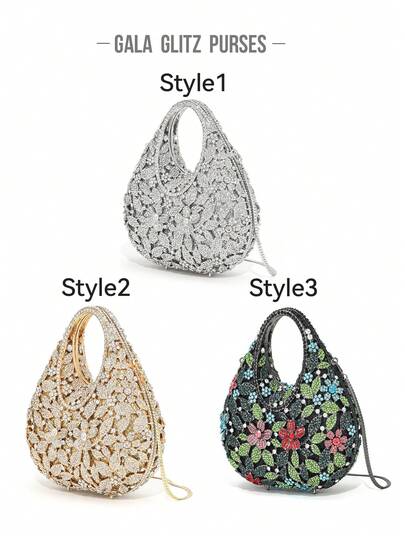 1件闪亮优雅晚宴手拿包，奢华水晶装饰手提包，女士新娘婚礼派对钱包，时尚女士钱包，可装口红、香水，手工金属镶钻晚宴手拿包，适合婚礼、派对、晚宴等高端场合。