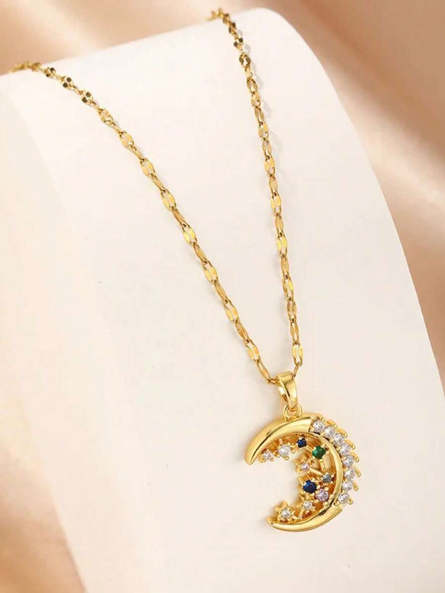 1件金色星月吊坠项链，梦幻浪漫优雅风格时尚首饰，适合约会、送礼、日常佩戴（OPP袋包装） - 金色 - 查看 1