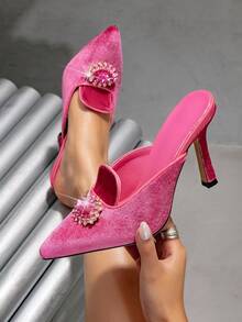 Women's Retro Velvet High Heel Mules, Rhinestone Square Buckle Pointed Toe Elegant Backless Stiletto Shoes - Hot Pink - View 1