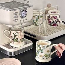 1 Set Of 6pcs 300ml [With 3pcs Spoons] Retro Glazed Floral Mugs, Heat-Resistant Ceramic Tea Cup Set, High-End Housewarming Gift - Multicolor - View 10