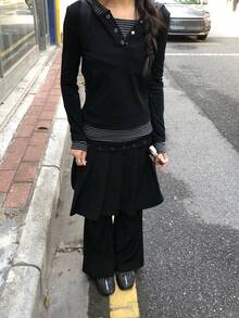 甜美时尚金属扣褶裥长裤 - 黑色 - 查看 9