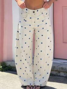 Women's 2026 Polka Dot Barrel Jeans Curved Sword Pants Boyfriend Y2K Casual Wide Leg Mid Rise Denim Pants - 天藍 - 查看 3
