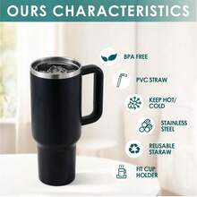 1pc,40 Oz H2.0 Cup, 40oz Cup Stainless Steel Vacuum Insulated Tumbler With Lid And Straw For Water, Iced Tea Or Coffee, Smoothie And More, 40oz Reusable Double Walled Vacuum Insulated Stainless Steel Water Bottle With Handle For Outdoor Activities, Camping - 黑色 - 查看 8