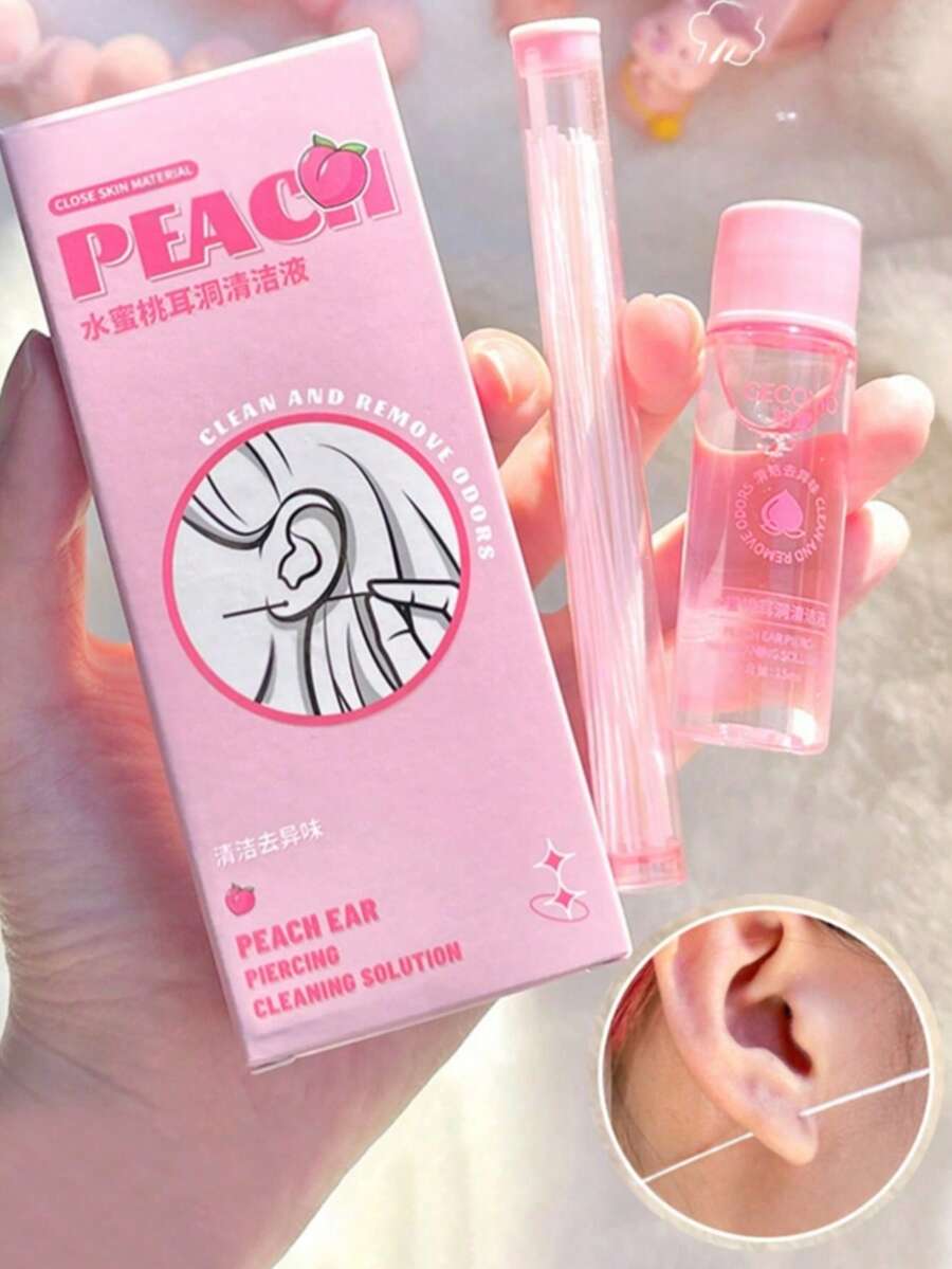一盒蜜桃香型耳洞清洁液，耳洞清洁线，耳部护理系列，可去除污垢和油脂，耳洞清洁液，耳洞清洁线，耳部护理液，蜜桃香型耳洞清洁液，防堵塞耳部护理，旅行必备，假日必备 - 彩色 - 查看 1