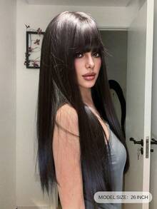 26-Inch Long Synthetic Wig Featuring A Natural Wavy Style In A Stunning Black. Designed With Bangs , It Is Crafted From Heat-Resistant Fiber To Ensure Durability. This False Hairpiece Is Perfect For Daily Use, Offering A Natural And Realistic Appearance That Mimics Real Human Hair - Black - View 3