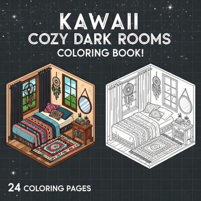 GDTME 《室内设计系列》：1本成人涂色书，24页厚纸，7.9英寸*7.9英寸，封面为星空黑色背景上的波西米亚风格卧室，充满神秘治愈的氛围；内页包含各种舒适家居场景的线条画，从复古客厅到绿植环绕的阳台和阁楼温室。