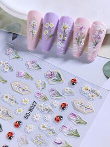 2片/套 5D立体郁金香雏菊春季花卉美甲贴纸，自粘式3D花叶植物图案美甲装饰，可爱日式美甲沙龙DIY配件 - 彩色 - 查看 6