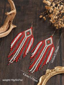 SOUL BEADING 1 par de pendientes de mujer de moda con cuentas, estilo bohemio, estilo vacacional, color rojo y blanco, patrón de celosía de diamante geométrico, colgante con borla larga, pendientes hechos a mano, pendientes con borla, pendientes rojos, pendientes de mujer, adecuados para uso diario, vacaciones, fiestas y festivales, regalo versátil - Rojo - Ver 2