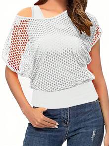 2件套 女士春夏荧光白休闲时尚度假露肩渔网罩衫T恤+吊带背心 - 白色 - 查看 4