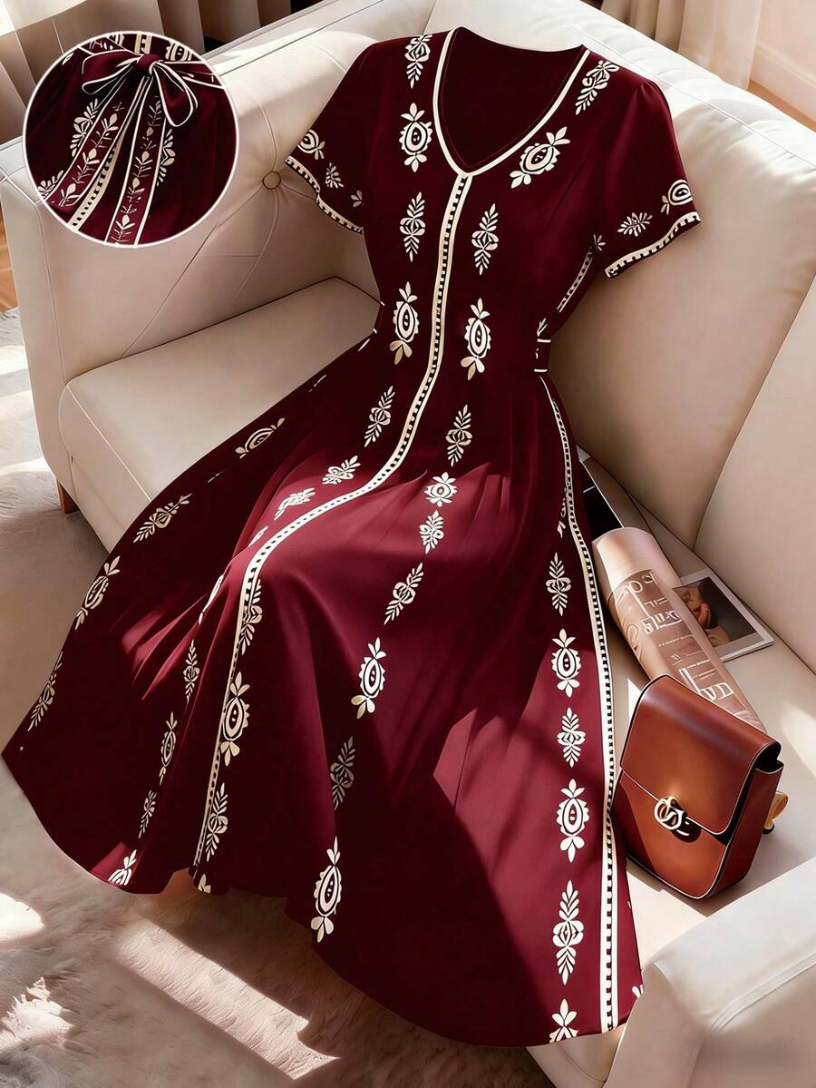 女士印花波西米亚风优雅休闲短袖连衣裙，适合度假夏季穿着 - 酒紅色 - 查看 1