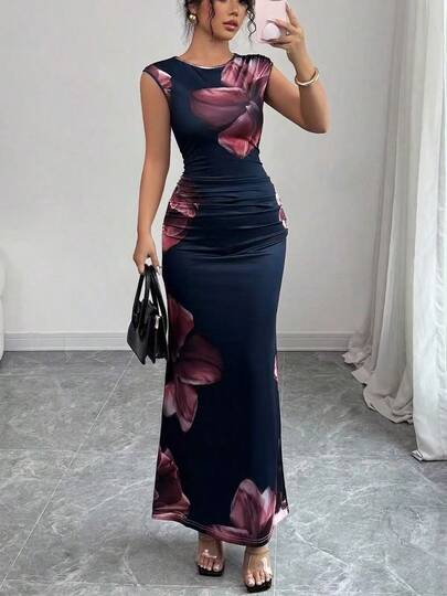 Elegant Sleeveless Round Neck Maxi Arabian Dress, Women's Floral Print Knit Fabric, Non-Stretch Formal Gown Vacation