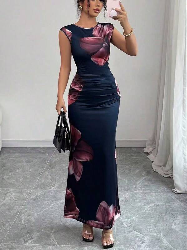 Elegant Sleeveless Round Neck Maxi Arabian Dress, Women's Floral Print Knit Fabric, Non-Stretch Formal Gown Vacation Spring