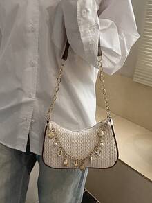 女士贝壳珍珠链条草编腋下包，夏季海滩度假风单肩包 - 白色 - 查看 6