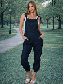 Overol maternidad premamá embarazo embarazada mujer dama mezclilla denim azul entero tipo jumper tirantes ajustables bolsa frontal pierna larga jogger con resorte corte amplio cómodo suave ligero elástico outfit casual urbano moderno juvenil versátil holgado crecimiento pancita prenatal posparto uso diario paseo trabajo primavera verano otoño invierno - Azul Marino - Ver 1