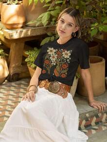 Women's Boho Shirts Vintage Floral T-Shirt Cottagecore Wildflowers Graphic Tees Bohemian Short Sleeve Tops Anti-Wrinkle Cotton T-Shirt - 黑色 - 查看 5