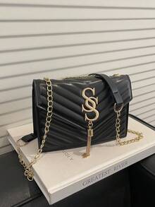 女士时尚纯色PU皮革绗缝单肩包，多功能翻盖宴会晚宴链条斜挎包，新款休闲方形度假旅行手机零钱包，适合白领和学生日常通勤的斜挎包 - 黑色 - 查看 5