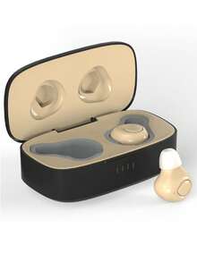 2个可充电迷你助听器耳机，带充电盒、USB电源、聚合物锂离子电池、增强音频、清晰通话、卡其色。 - 查看 6