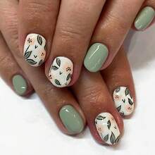 24pcs Spring Flower Short Square Press-On Nails, With Cute Floral & Fresh Green Leaf Patterns, Suitable For Women In Spring & Summer, Great Gift For Friends - Green - View 7