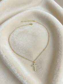 1pc 18K Gold Plated Stainless Steel Cross Pendant Necklace With Faux Pearl, Elegant Necklace Suitable For Mother's Day Gift And Daily Wear - Gold - View 6