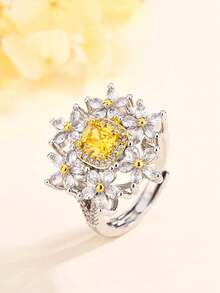 Nhẫn thời trang hình hoa rỗng bốn chấu vuông màu vàng đính đá Cubic Zirconia tổng hợp, thiết kế mở có thể điều chỉnh, quà tặng đính hôn cho nữ. - trắng - Xem 1