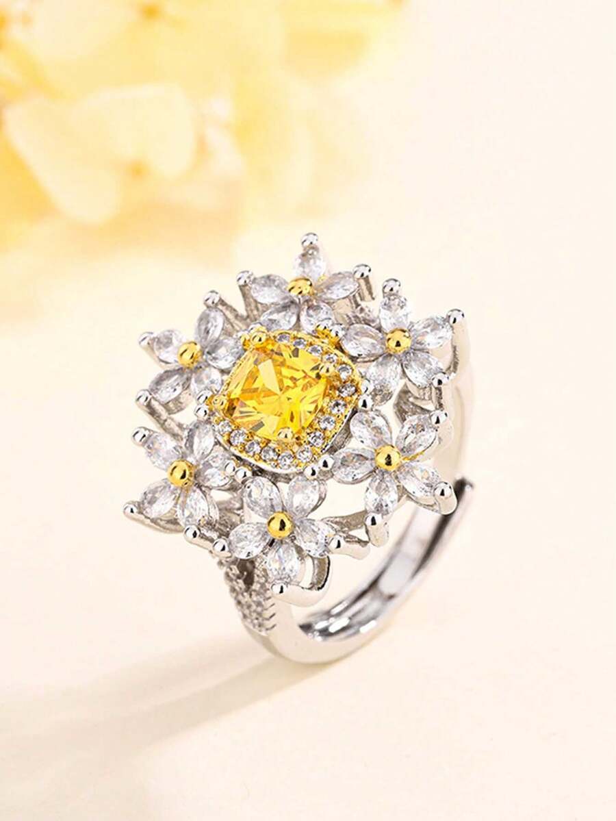 Nhẫn thời trang hình hoa rỗng bốn chấu vuông màu vàng đính đá Cubic Zirconia tổng hợp, thiết kế mở có thể điều chỉnh, quà tặng đính hôn cho nữ. - trắng - Xem 1