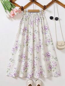 Falda midi de línea A de estilo bohemio elegante para mujer, de tela de poliéster no elástica con estampado, diseño con cremallera - Púrpura malva - Ver 2