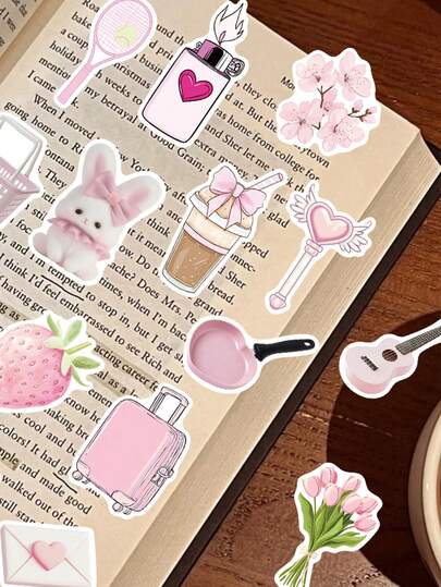 Set de 50 de autocolante roz cu desene animate pentru decorarea agendei, carcasei de telefon, caietului, tabletei, albumului de scrapbooking, bagajelor, chitarei, skateboard-ului, vioarei