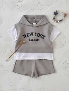 2pcs/Set Toddler Baby Boy Cool Letter Embroidery Grey Hooded Short Sleeve Top And Shorts Set, Spring/Summer - Grey - View 10