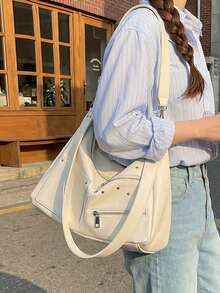 1件装女士铆钉朋克摩托车包设计多口袋单肩包大容量时尚通勤包配2条肩带 - 米色 - 查看 3