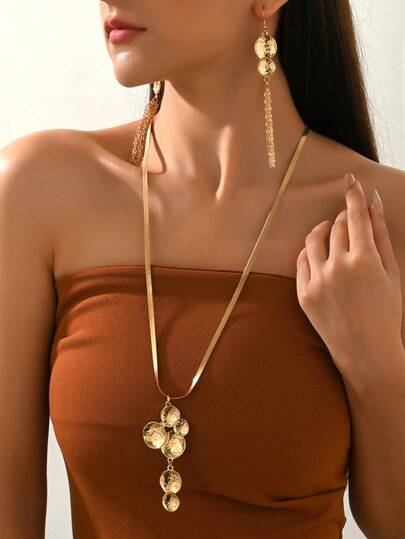 3pcs Spring/Summer Jewelry Set: Long Necklace + Earrings, Elegant Bohemian Flat Snake Chain, Geometric Asymmetrical Circle Pendant Tassel Sweater Chain, Double Circle Tassel Earrings, Versatile For Daily, Party, Holiday, Gift For Girlfriend, Mom, Best Friend