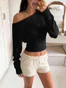 Sexy Off-Shoulder Off Shoulder Knit Sweater, Comfortable & Elegant, Suitable For Dating, Casual Gatherings, And Travel In Autumn/Winter - Black - View 2