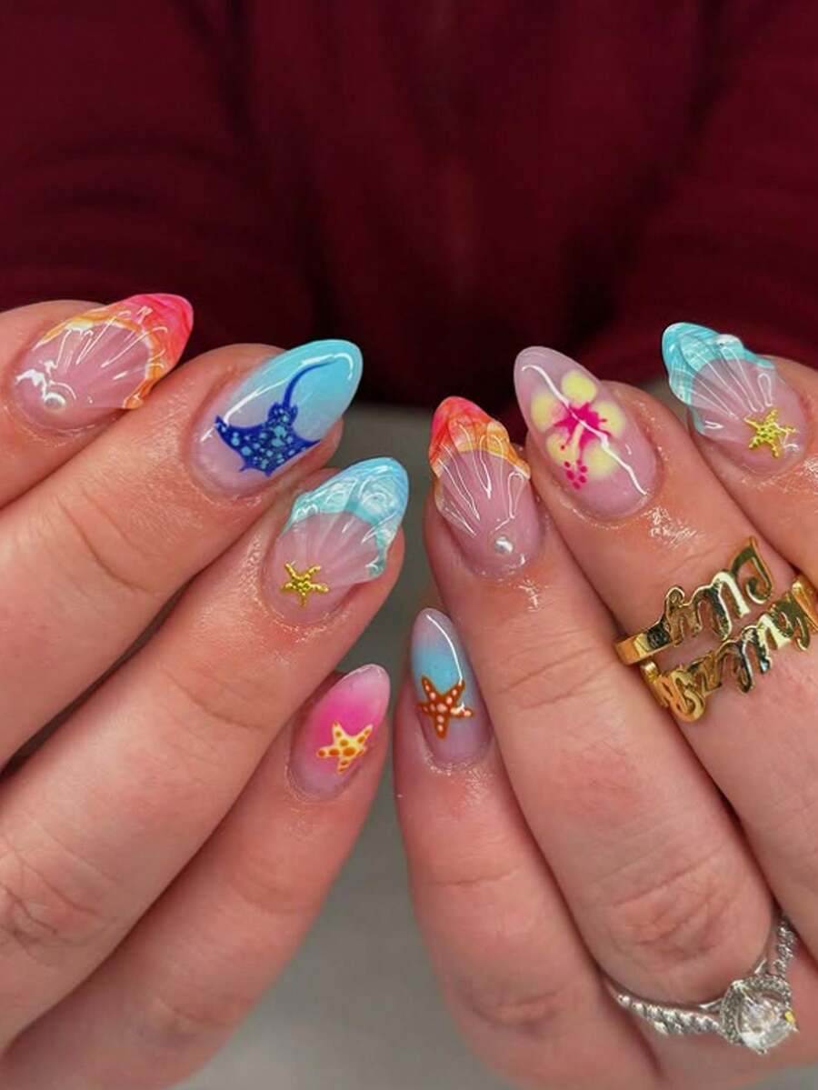 30pcs/Set Y2K Summer Colorful Ocean Element Short Almond Shaped Press-On Nails, Featuring 3D Orange & Blue Wave, Cute Starfish, Dolphin, Pearl Decor, Ideal For Girls/Women Daily Wear & Summer Beach Essentials - Multicolor - View 1
