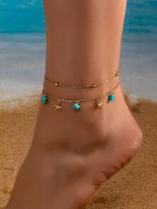 2件套绿松石金属海星流苏链脚链套装 - 金黃色 - 查看 1